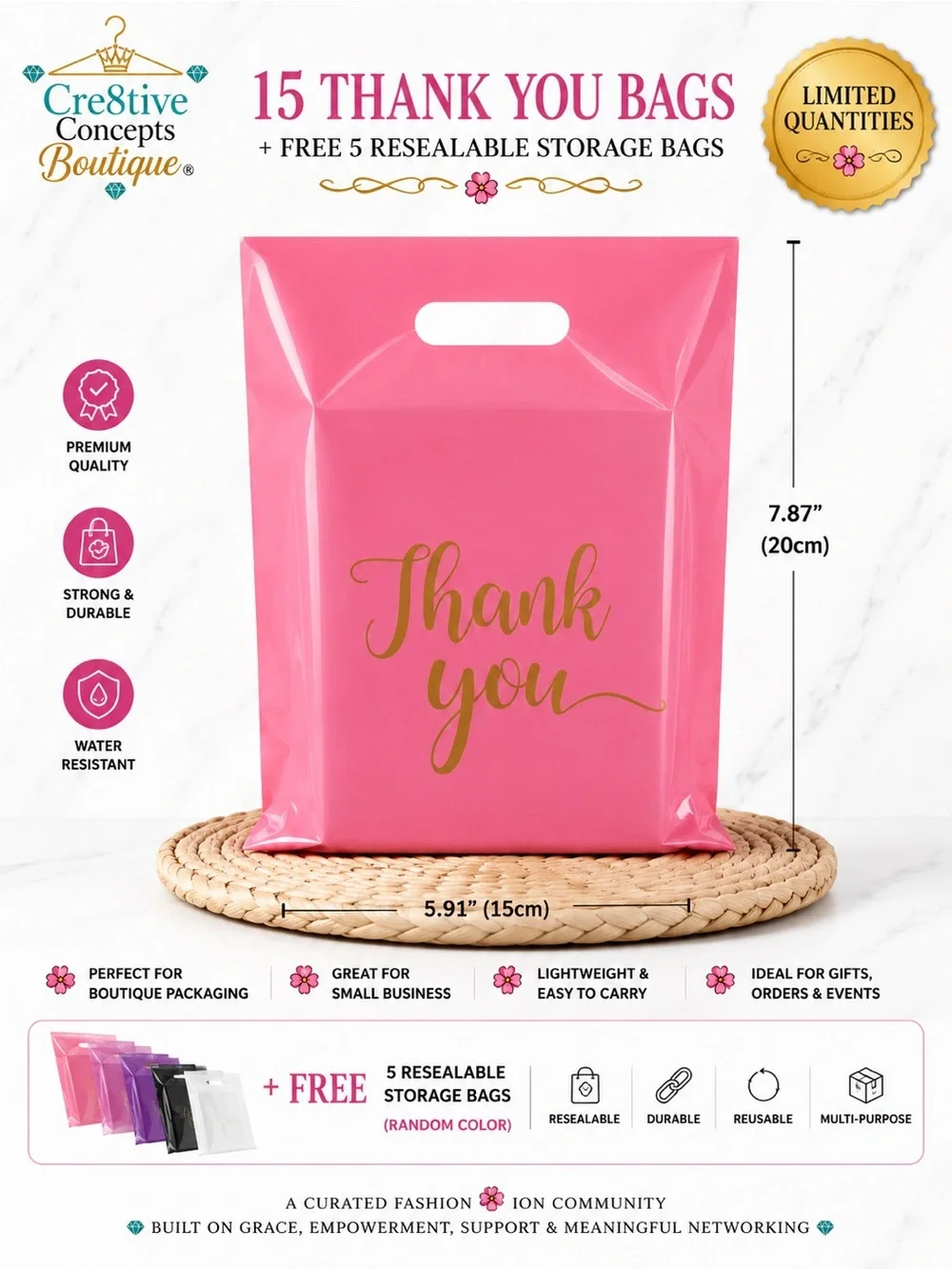 15 Thank You Boutique Bags + FREE 5 Resealable Storage Bags (Total 20pcs)